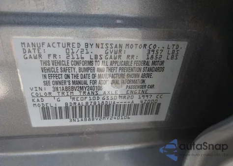 2021 Nissan Sentra S Xtronic Cvt z USA, uszkodzony, nr VIN 3N1AB8BV2MY240106